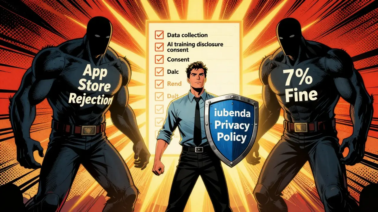 Hero developer defends against rejection and fines using a privacy policy shield with legal checklist glowing behind.