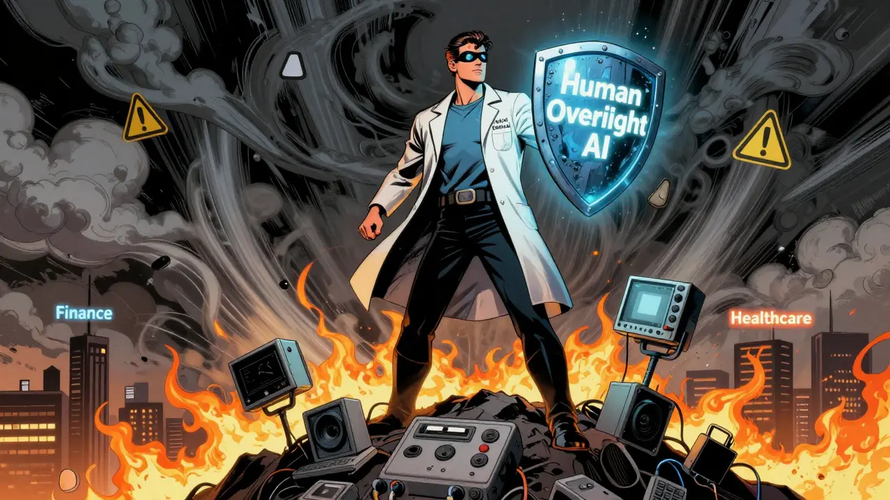 Hero in lab coat holds 'Human Oversight' shield atop mountain of tools, as biased outputs swirl below cityscapes labeled Finance and Healthcare.