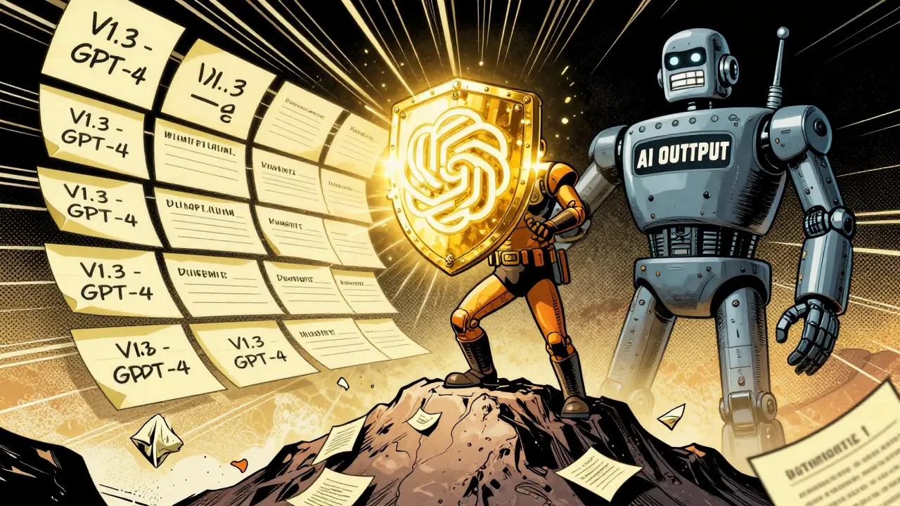 Heroic engineer holding a glowing prompt template as AI outputs become consistent behind them.