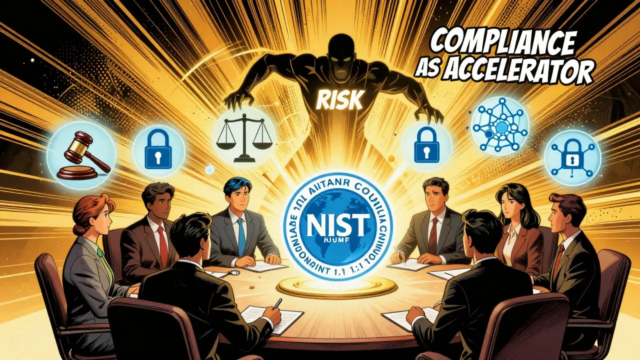 Heroic governance council under NIST emblem, pushing back shadowy risk with light of compliance and ethics.