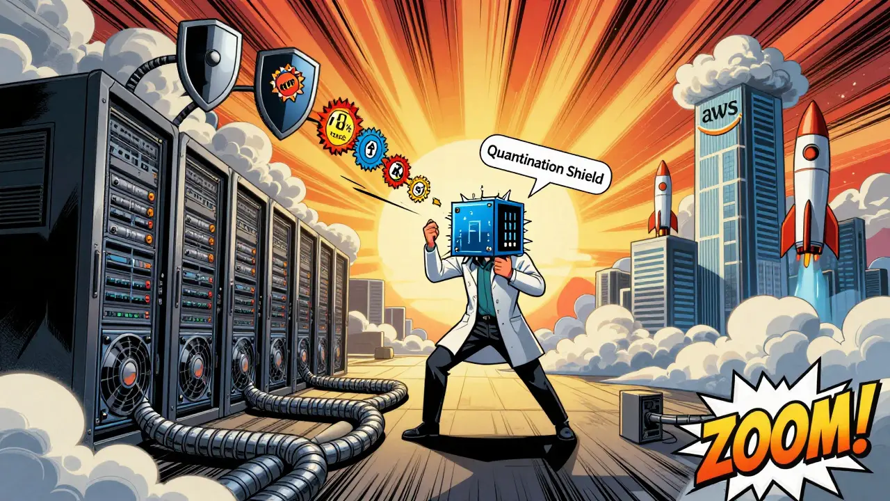 Hybrid AI deployment showing on-prem server, cloud infrastructure, and a hero shrinking a model with quantization.