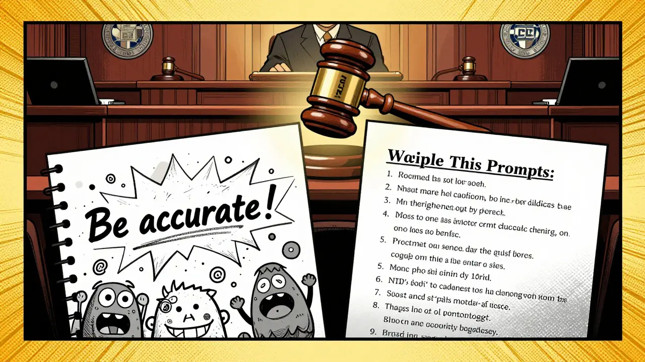 Judge slamming gavel on two prompts: one messy and exploding, the other structured and correct.