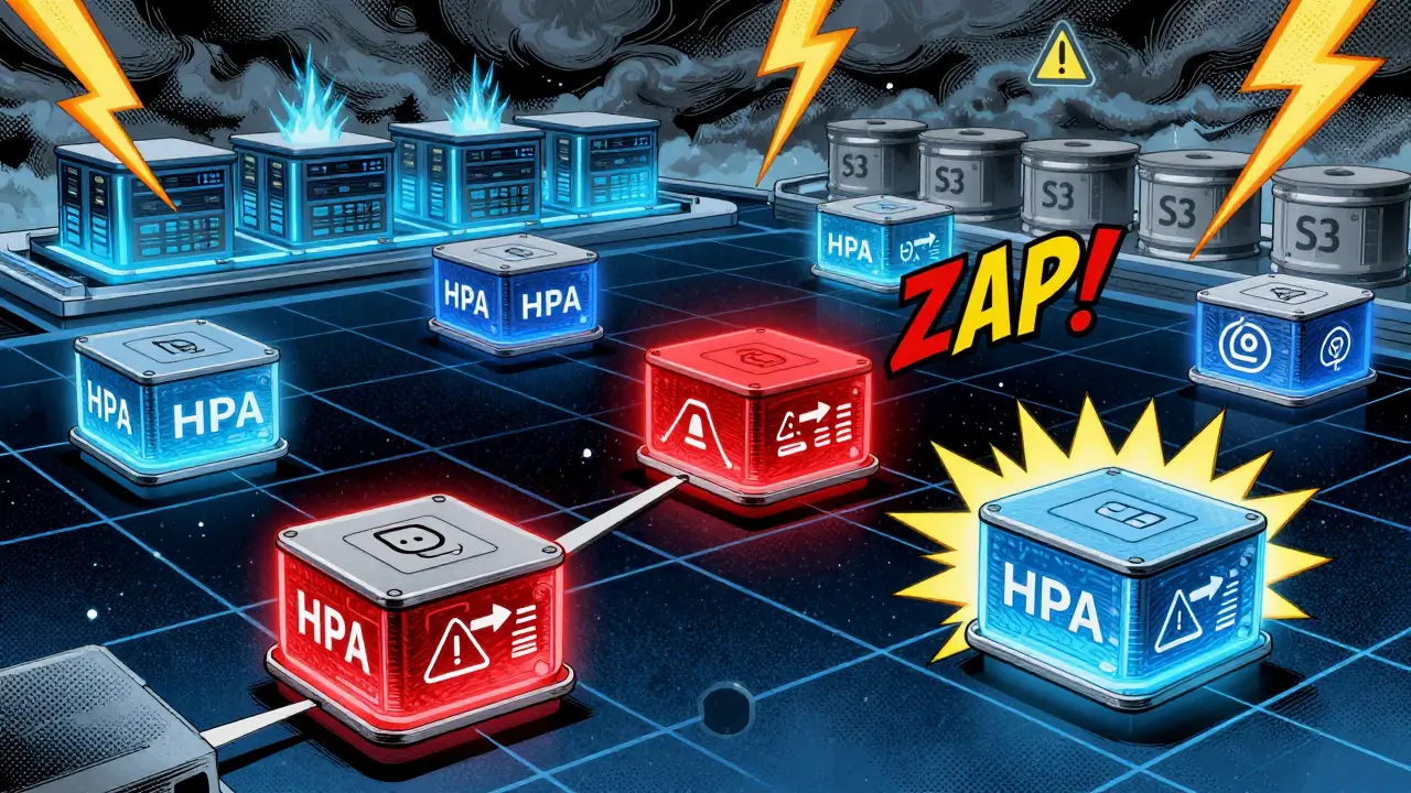 Kubernetes pods in a data center with one failing and another activating, surrounded by storage tiers and latency warnings.