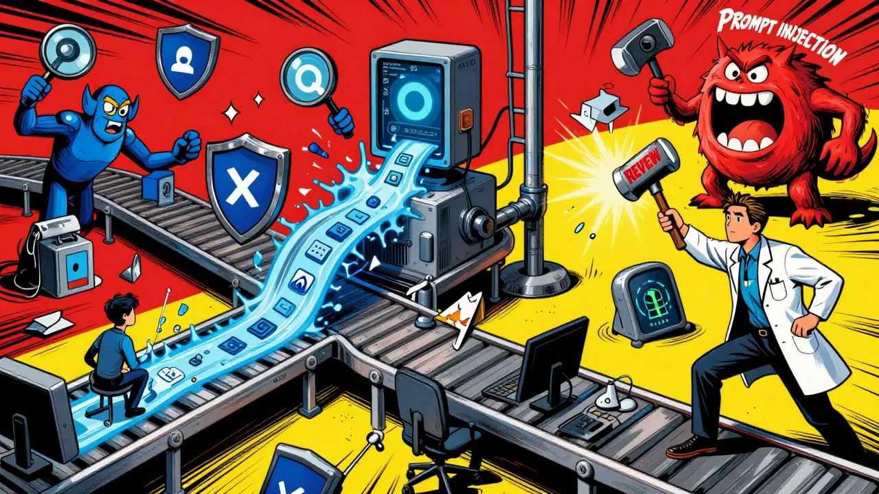 Security scanners in a CI/CD pipeline smash through AI-generated vulnerabilities while a developer defends against prompt injection.