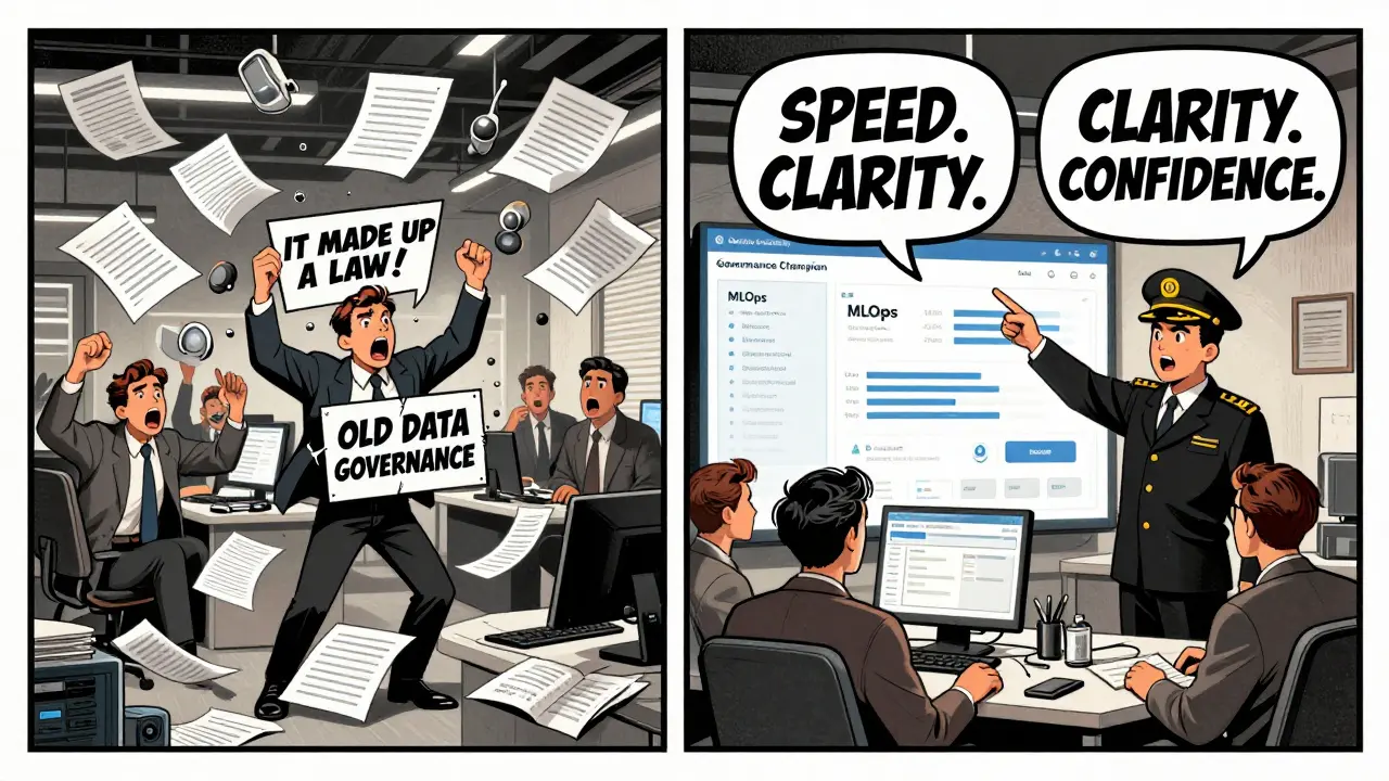 Split scene: chaotic AI errors vs. calm team using streamlined governance dashboard with a confident leader.