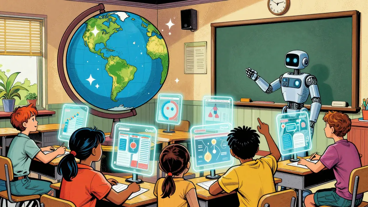 Students using holographic simulations with robot in rural classroom.