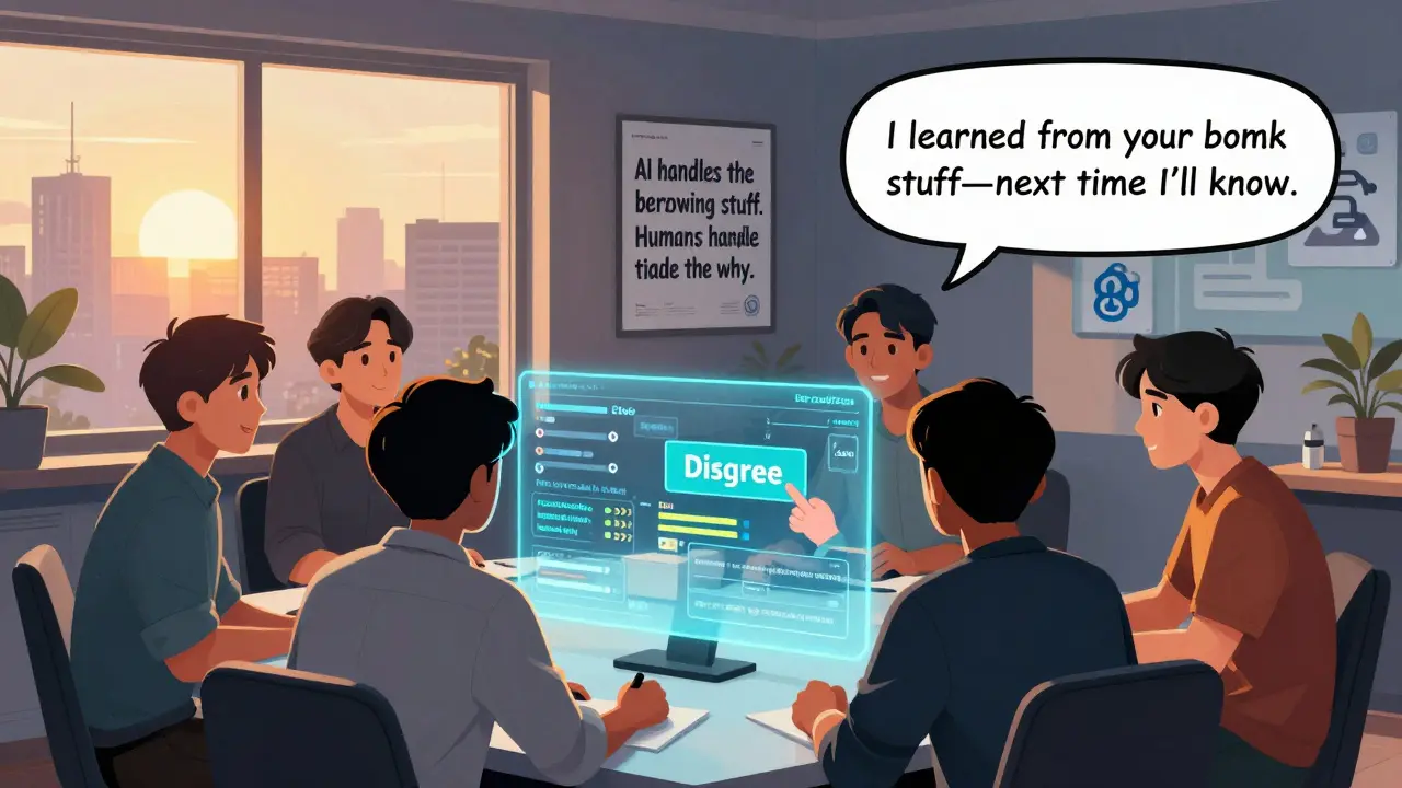 Team interacting with an AI feedback dashboard, one developer rejecting a suggestion as the AI learns from feedback.