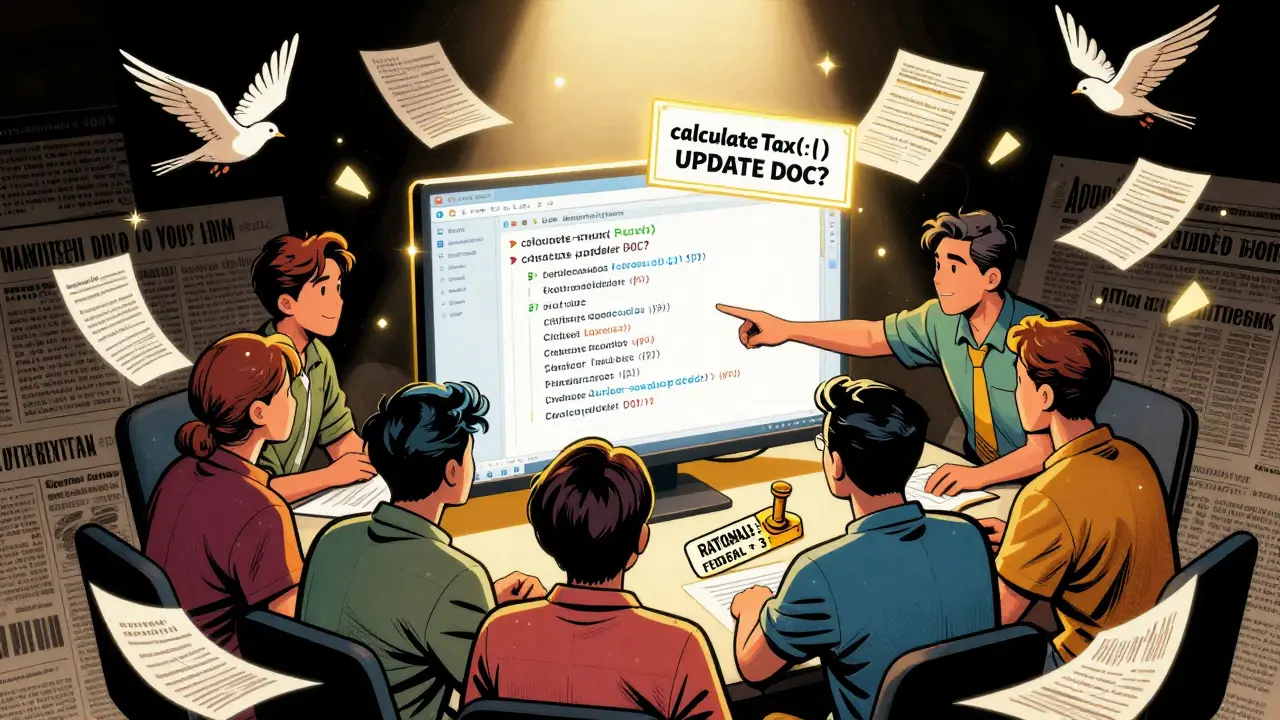 Team reviewing AI-flagged code change with a stamp labeled 'RATIONALE: FEDERAL + 3 STATES'.