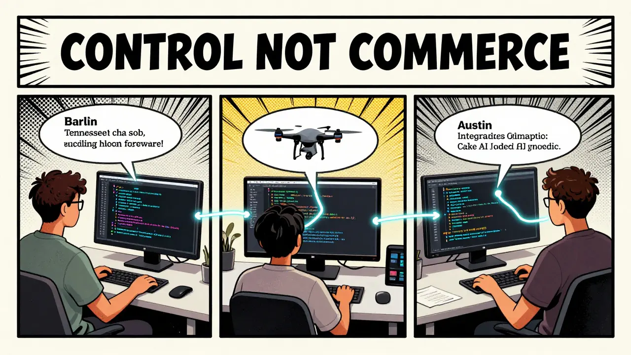 Three developers across the world connected by glowing open-source code streams, each working on different projects, in classic comic art style.