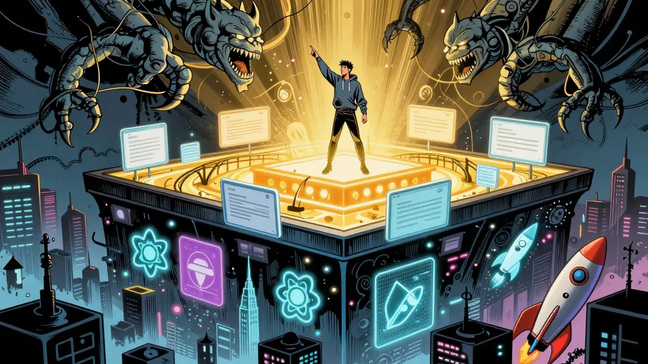 Three-layered cityscape showing framework chaos, application bridges, and golden core logic defended from an AI code monster.