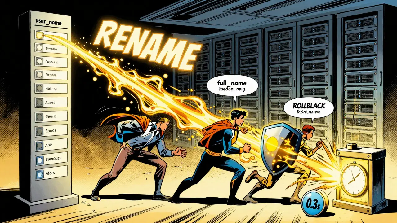 A column rename migration unfolds like a superhero transformation with data flow, protective shields, and a rollback portal.