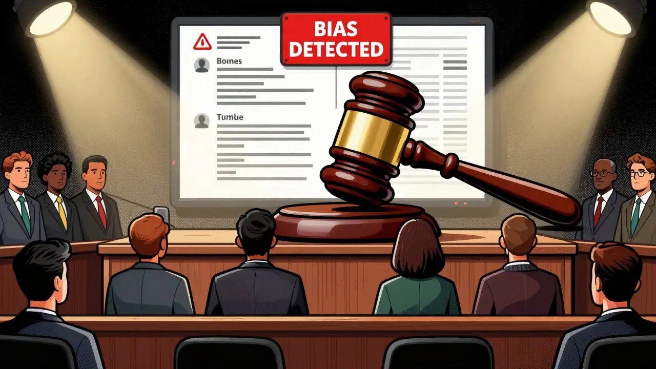A courtroom with a computer chip gavel and a screen showing biased resumes, illustrated in classic comic book style.