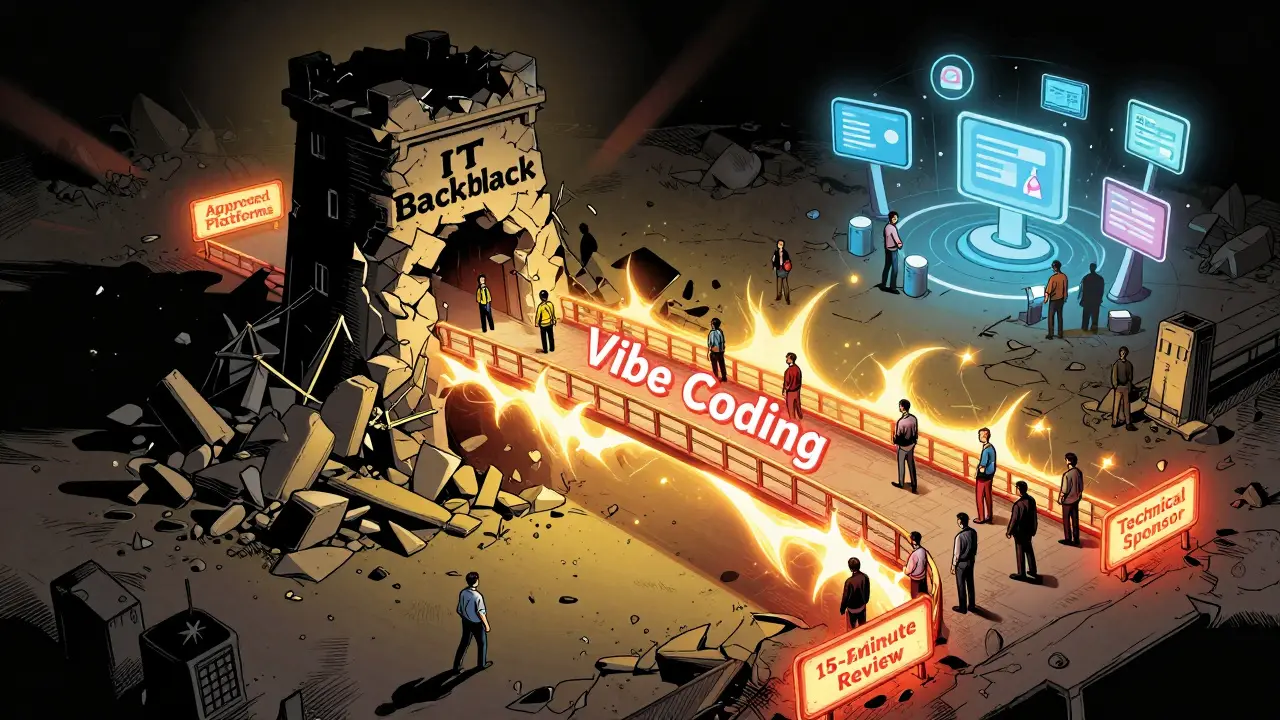 A crumbling IT backlog tower falling as a glowing bridge of vibe coding connects employees to innovation.