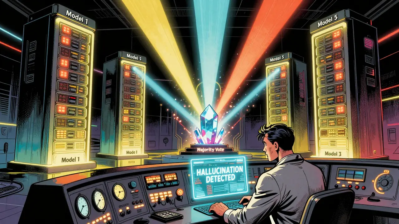 A data center with five server towers feeding into a majority vote crystal, an engineer monitors warnings of hallucinations in vintage comic style.