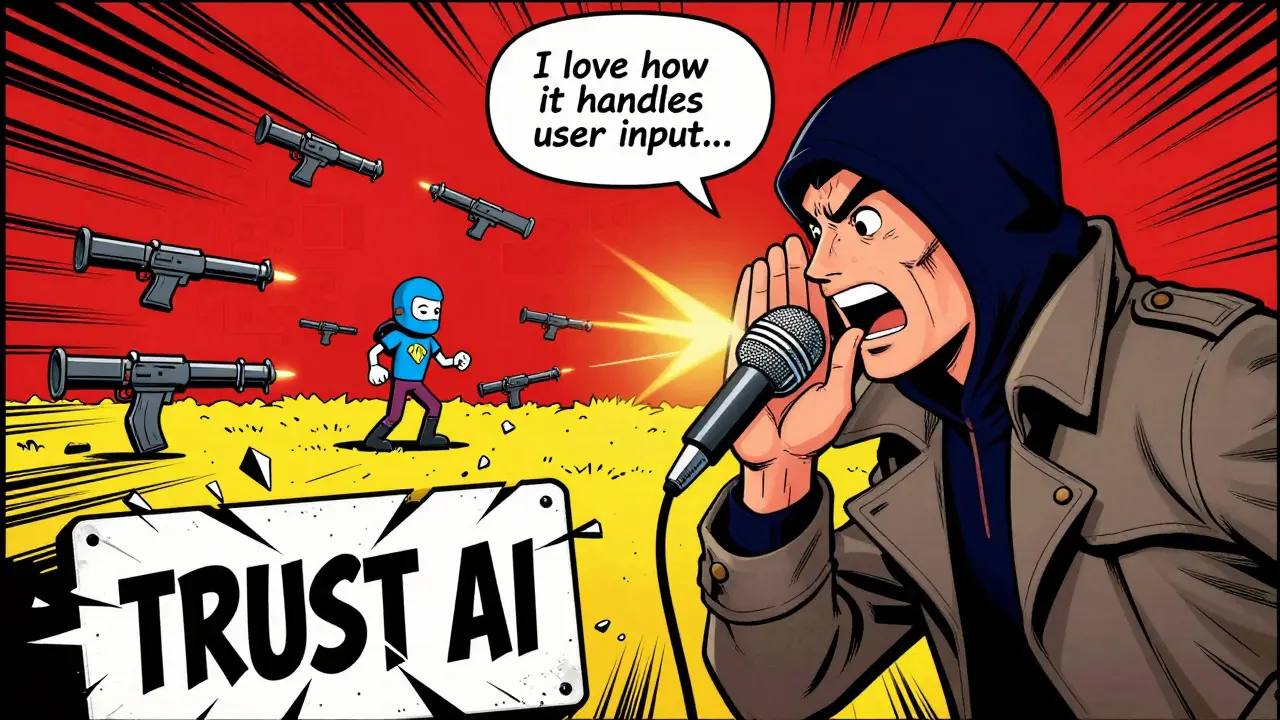 A hacker whispers to an AI-generated NPC that spawns endless weapons, crashing a game server in classic comic book style.