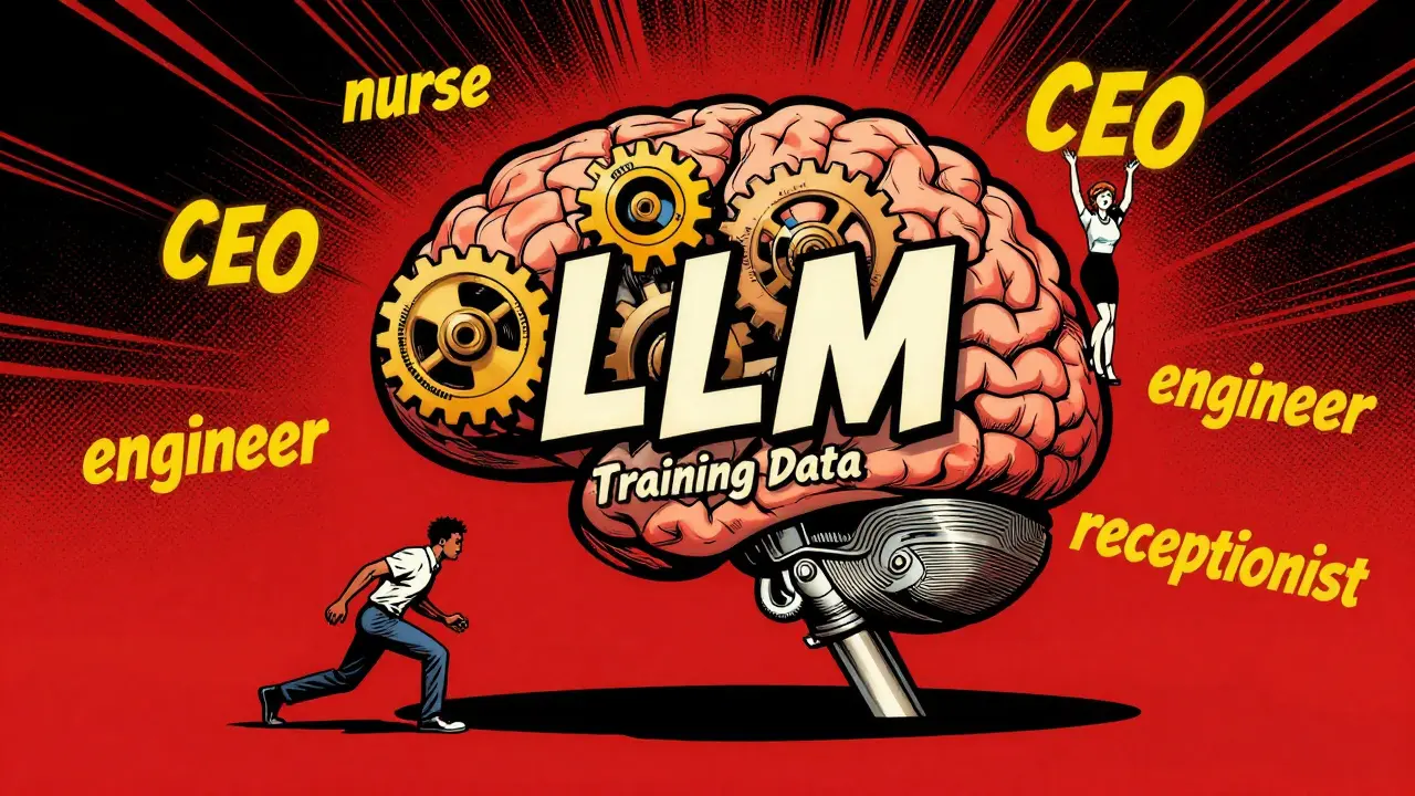 A mechanical brain with gears of stereotypes lifting one applicant and pushing another down, in Golden Age comic art.