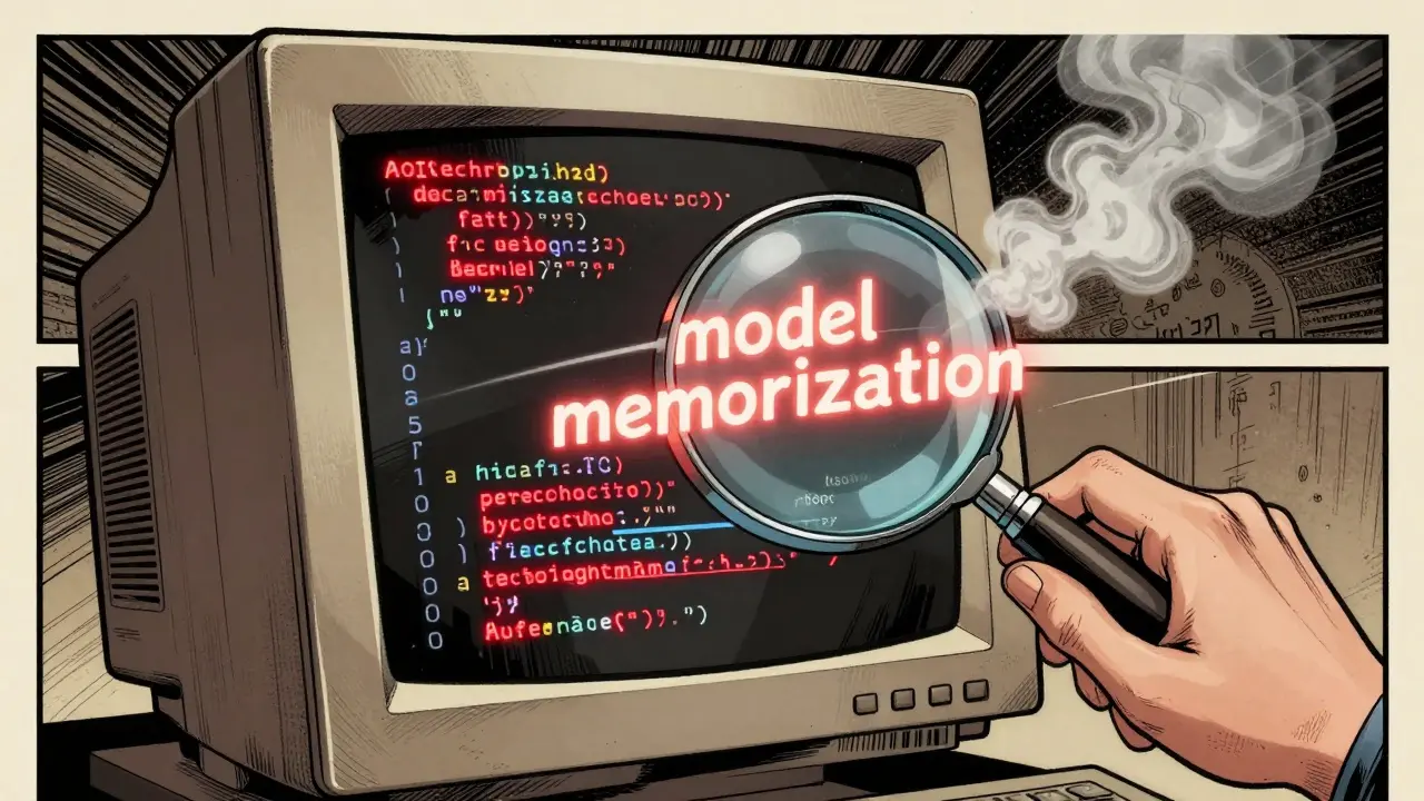 A monitor leaks hidden API keys and passwords as smoke, with 'model memorization' glowing in vintage comic art style.