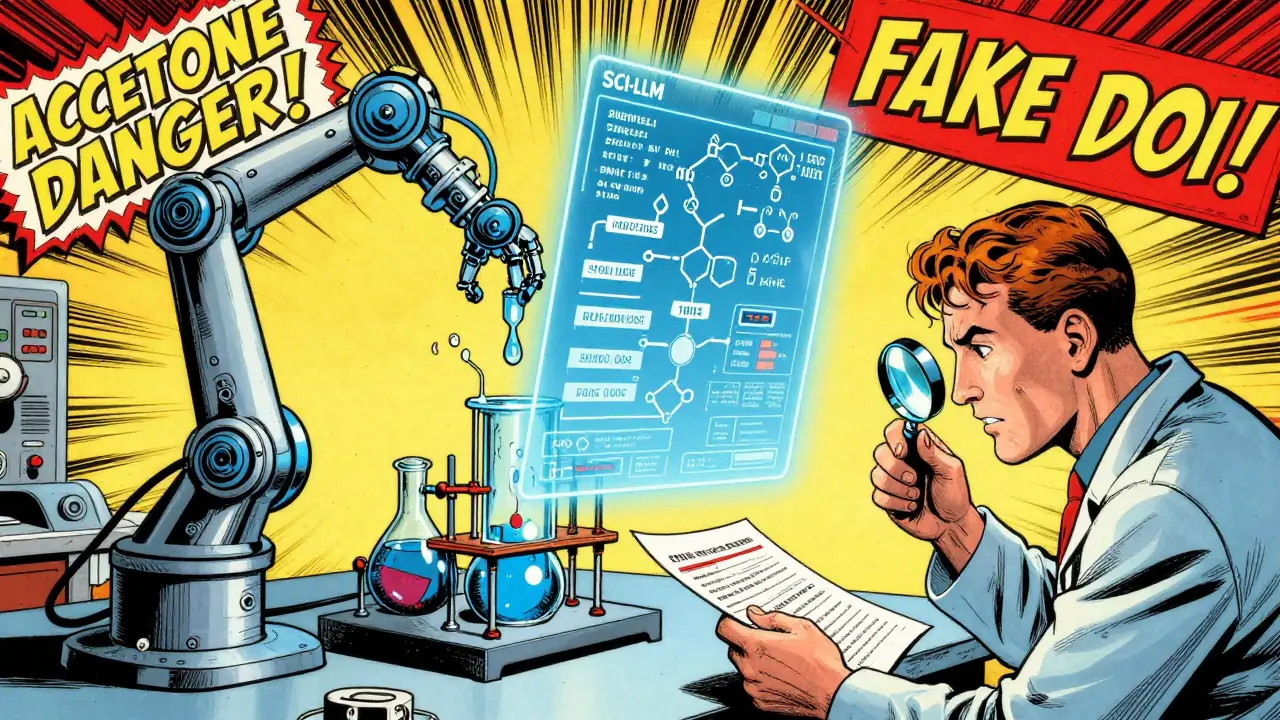 A robotic arm follows an AI-generated protocol while a scientist checks for errors, with warning banners about dangerous mistakes.