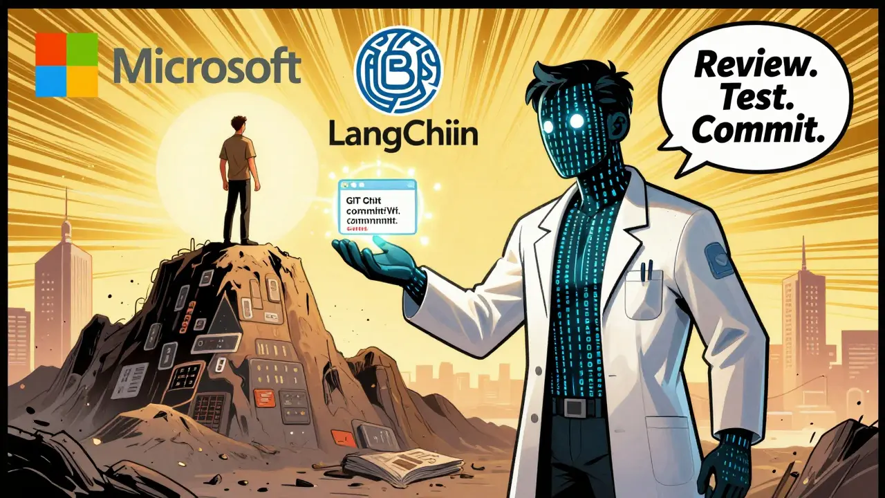 AI agent handing a Git diff to a human developer atop a mountain of legacy code, with corporate logos shining like superhero emblems in golden age comic style.