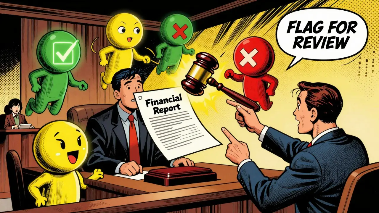 AI avatars argue over a financial report in a courtroom, two correct, two wrong, one flagged for review by a human lawyer.