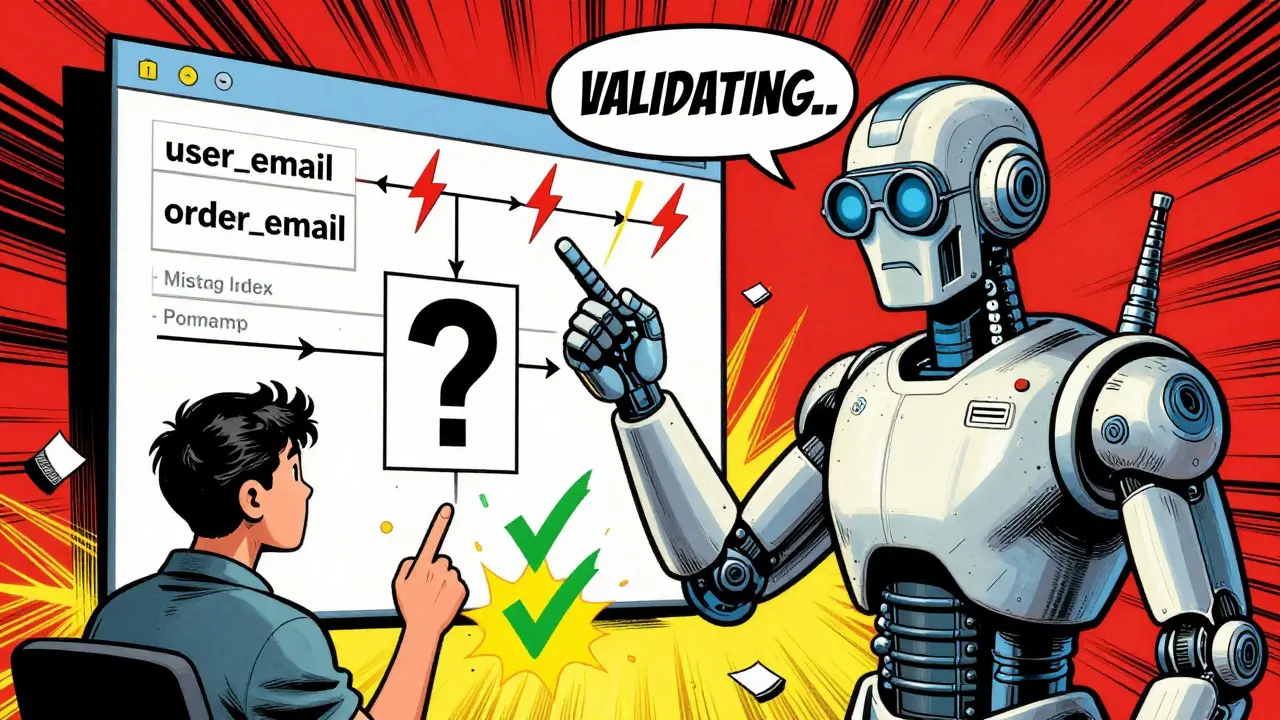 An AI robot detects schema errors with warning signs as a human developer validates fixes with green checkmarks.