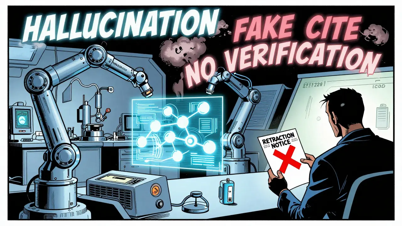 An autonomous lab operates without humans as a scientist watches a retraction notice, surrounded by swirling AI hallucination warnings.