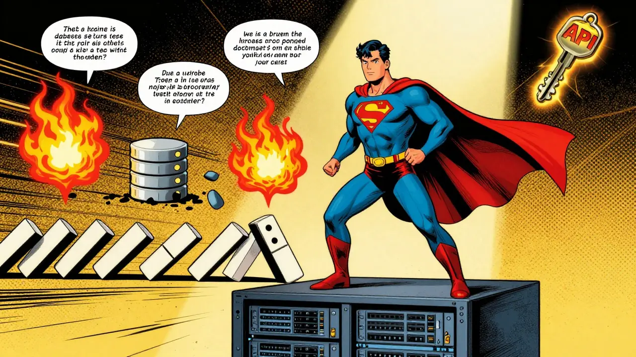 An LLM agent unknowingly triggers system destruction through its own output, with hidden API keys glowing in a vintage comic scene.