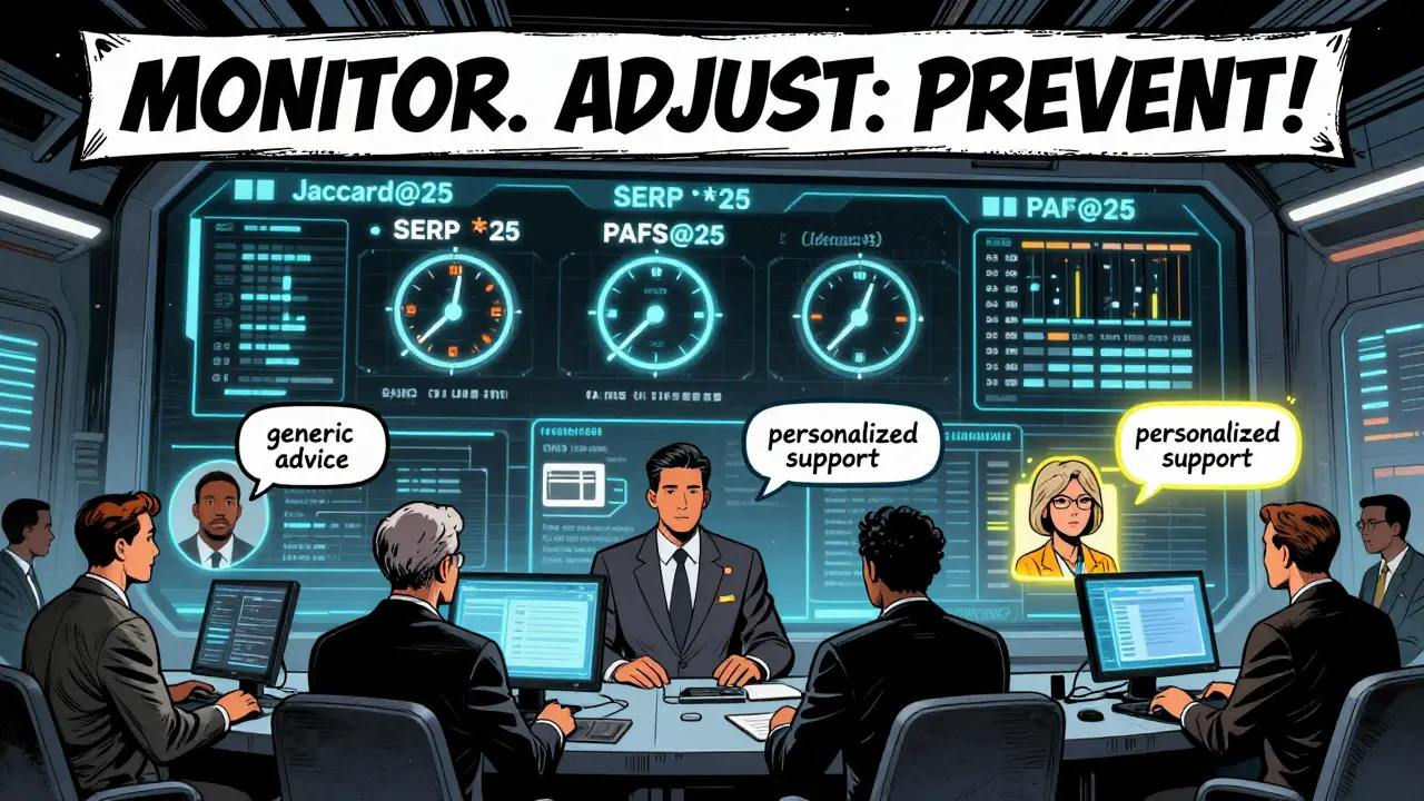 Corporate auditors monitor real-time fairness metrics as diverse users interact with an LLM, flagging generic vs. personalized responses.