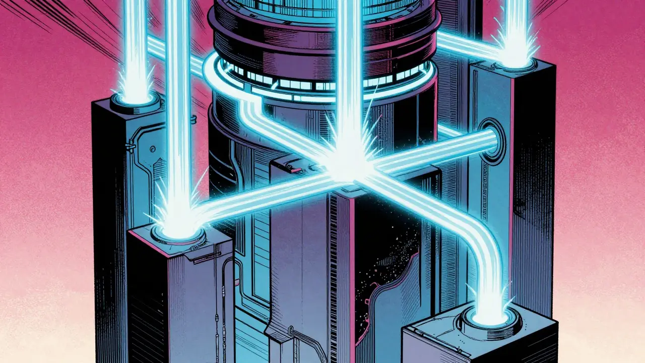 Data streams flowing past stacked technological pillars in a comic style.