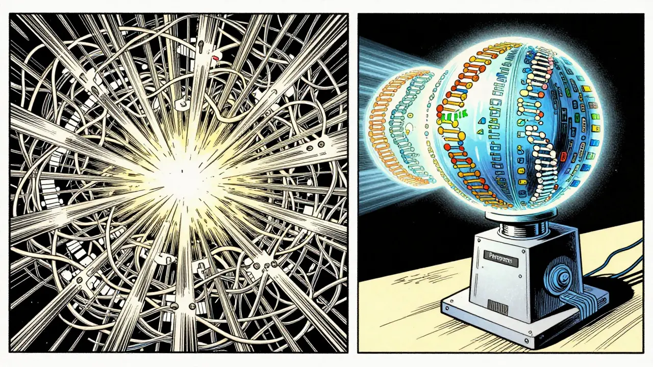 Dense attention chaos versus Performer's random feature maps folding massive data into a glowing orb.