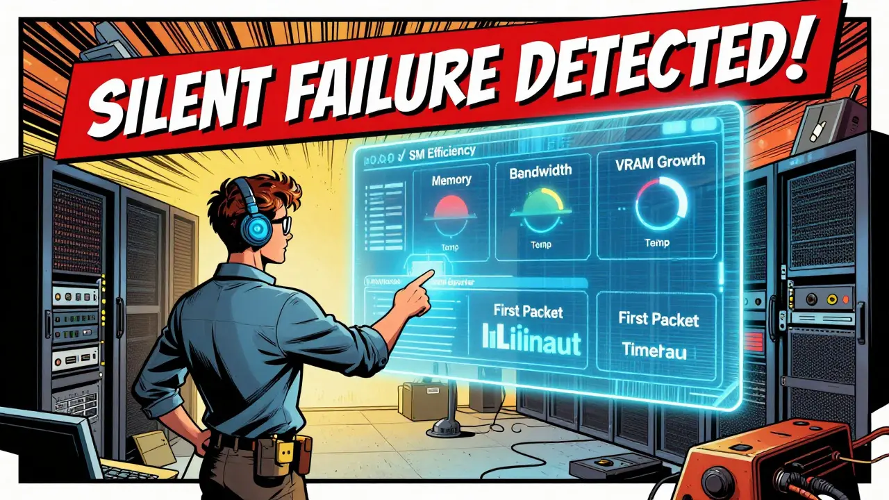 DevOps hero using a glowing tool to detect silent AI failures on a holographic dashboard, in Golden Age comic style.