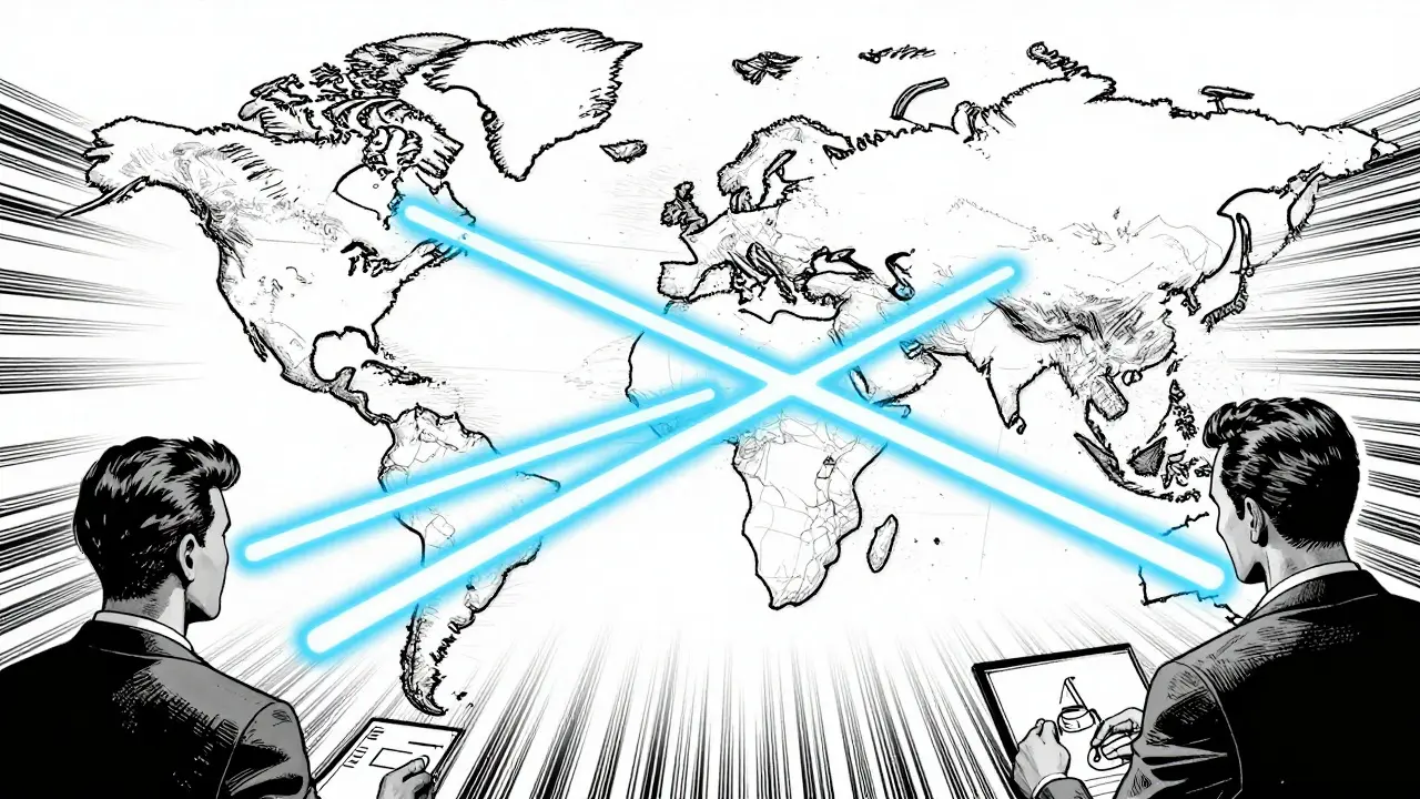 Distributed team members connected by bright energy lines across a world map background