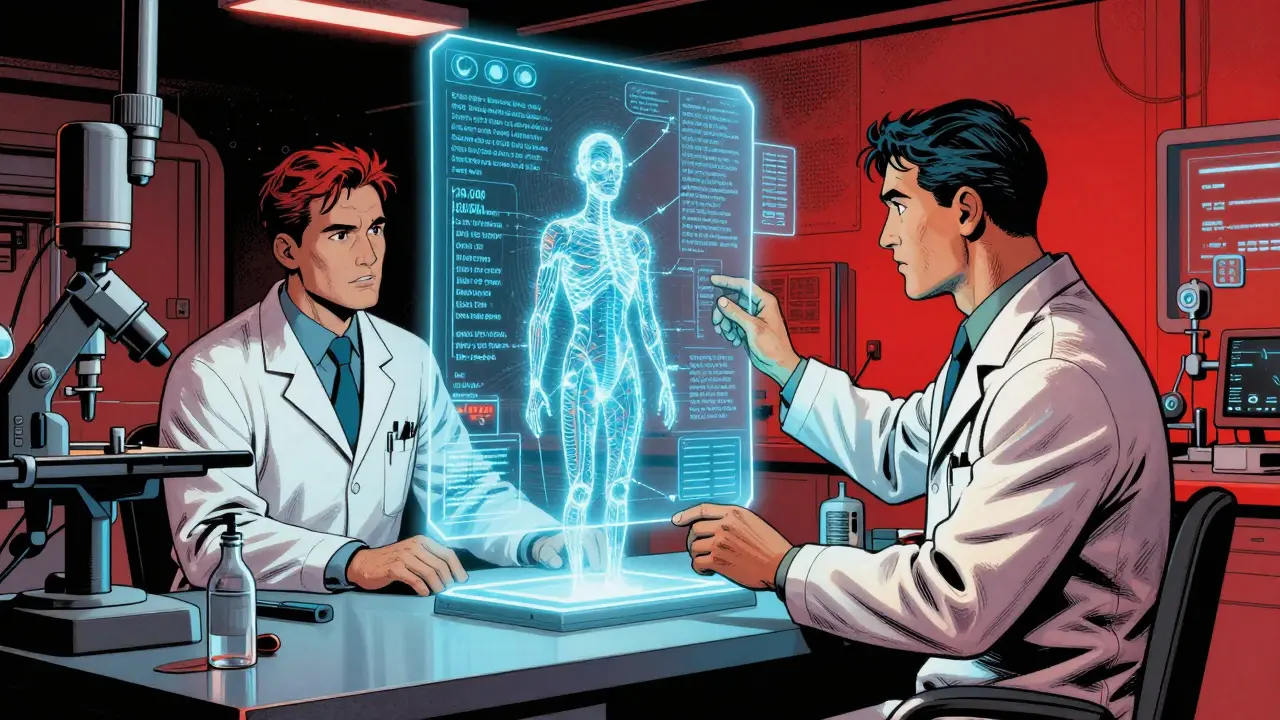 Doctors analyzing a 30,000-token patient record with glowing local windows and global token beacons.