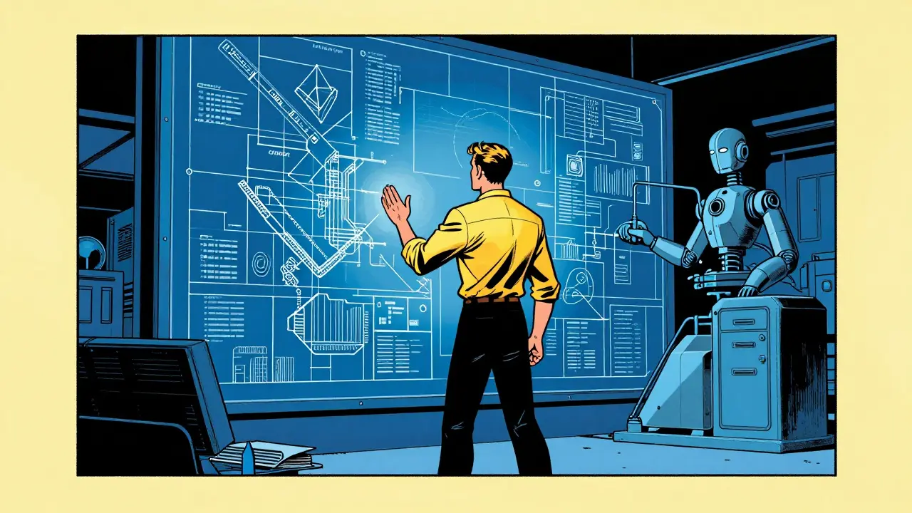 Engineer supervising automated assembly of complex digital structures in a workspace