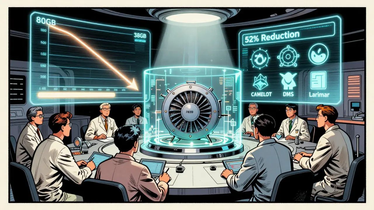 Engineers monitor a single GPU powering a massive LLM as memory usage drops dramatically in vintage comic style.