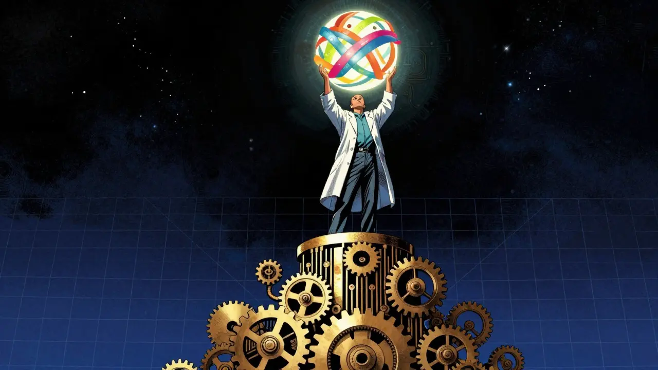 Figure holds glowing sphere with weaving data ribbons above tower