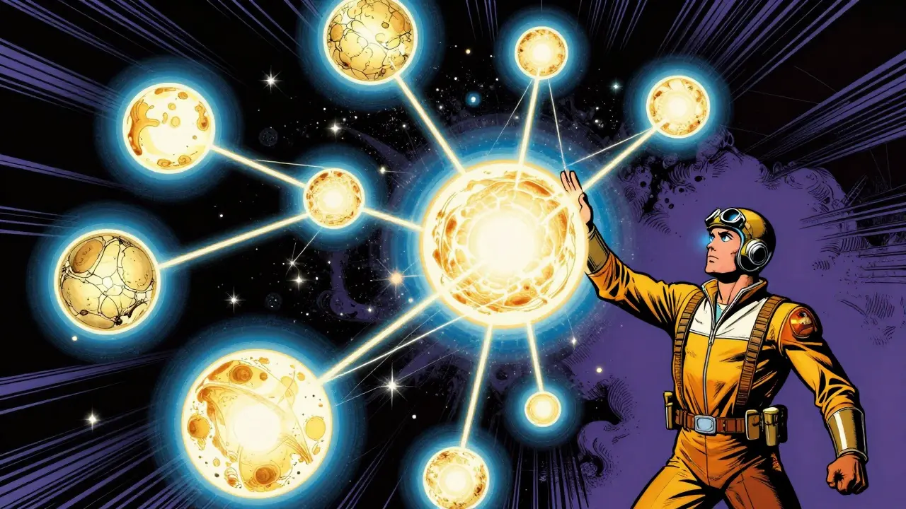 Glowing spheres connected by light threads in void.