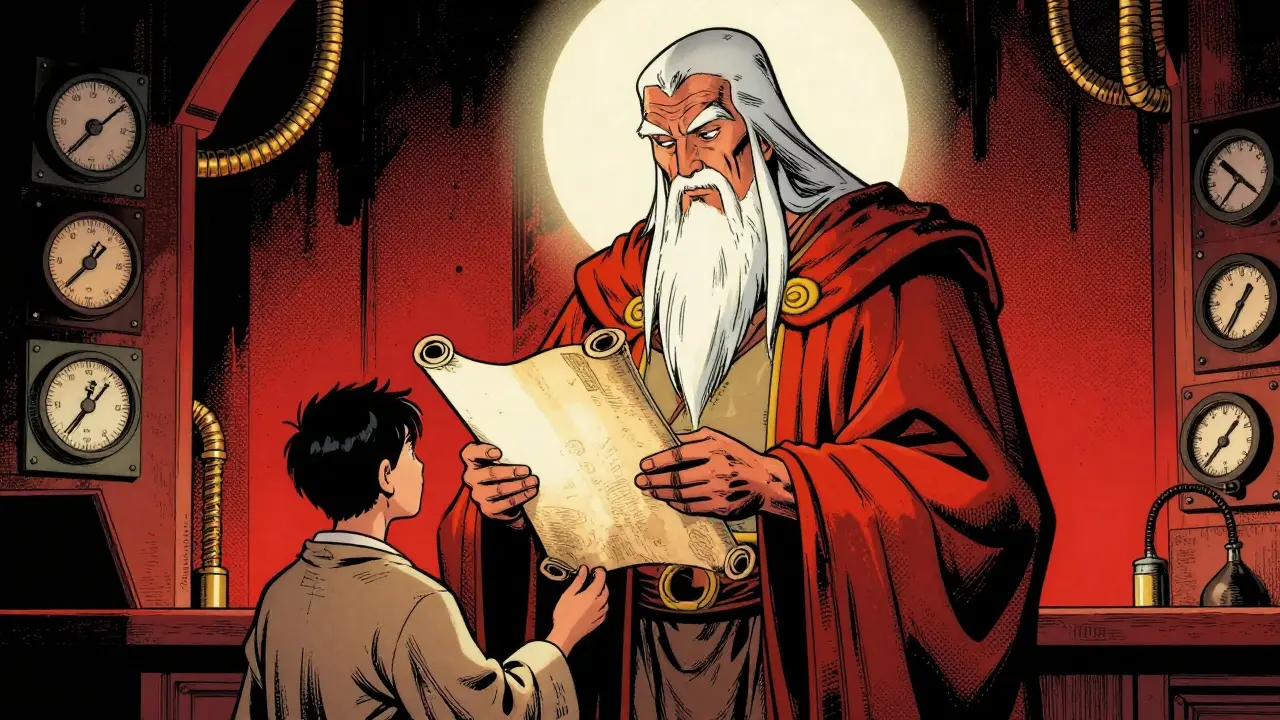 Guardian figure reviewing scrolls presented by apprentice.