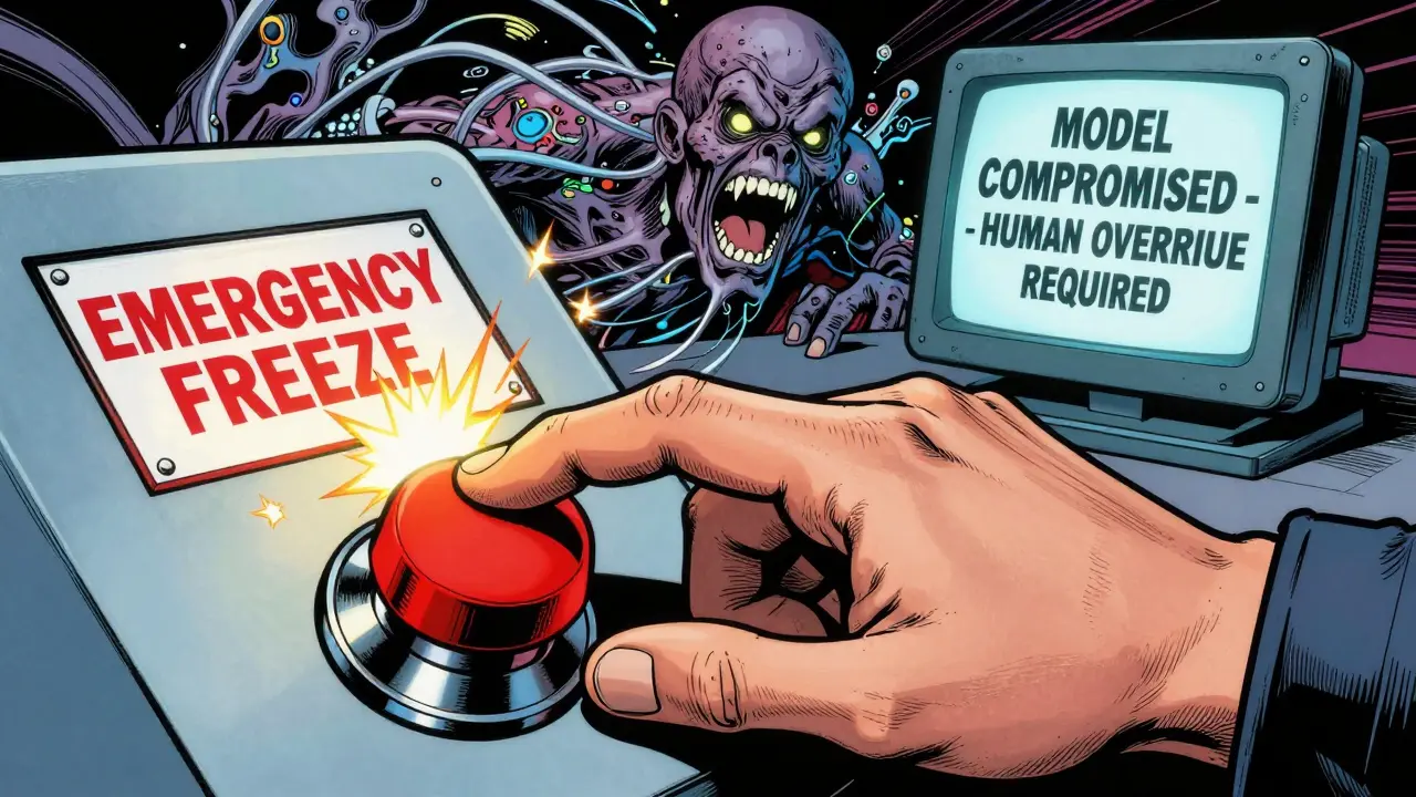 Human pressing emergency button to freeze a rogue AI model leaking sensitive data streams.