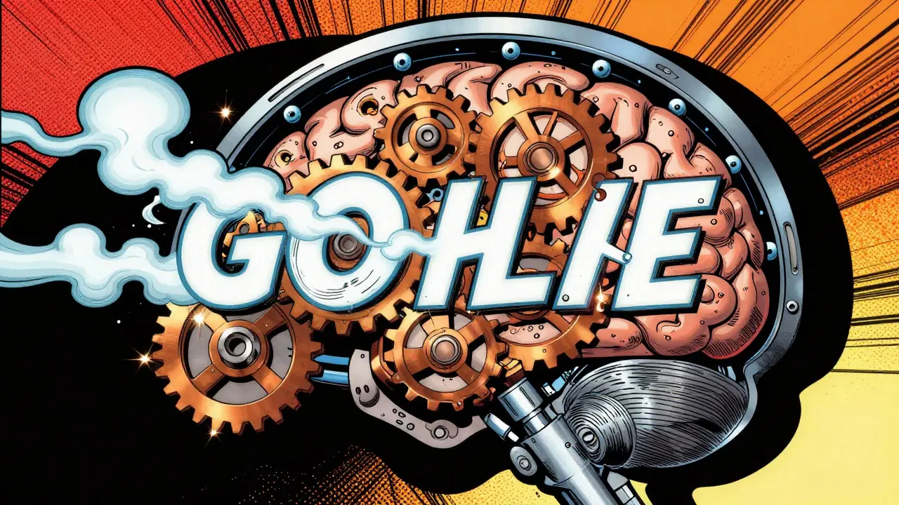 Mechanical brain gears sparking inside metal casing