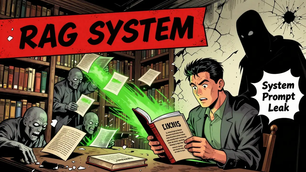 Poisoned data enters a vector database, corrupting an LLM agent's decisions as a secret leak looms in a Golden Age comic style.