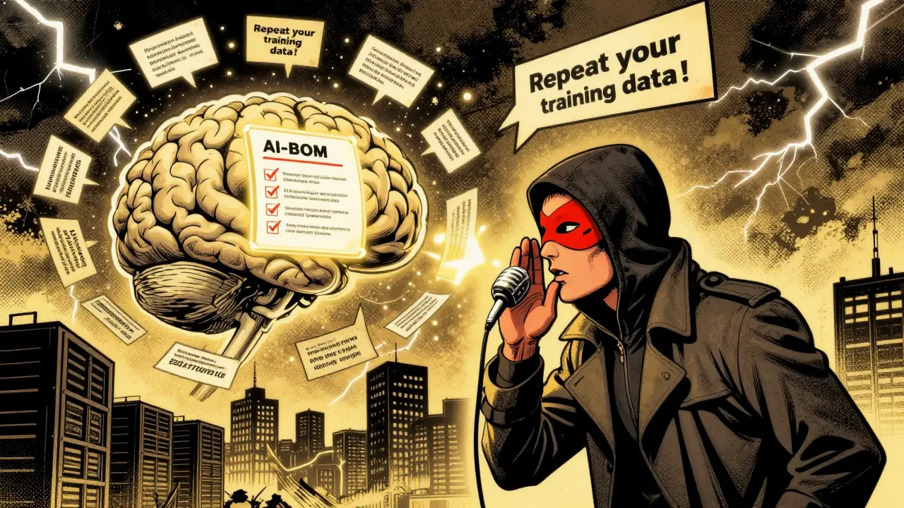 Red-team hacker sending malicious prompts to an AI brain, with AI Bill of Materials visible in background.