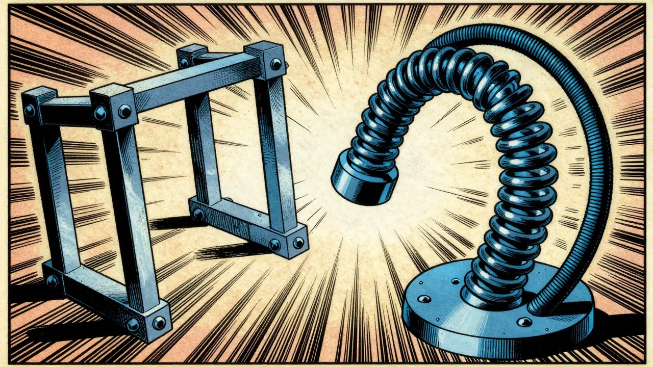 Rigid mechanical bars contrast with flexible rotating springs