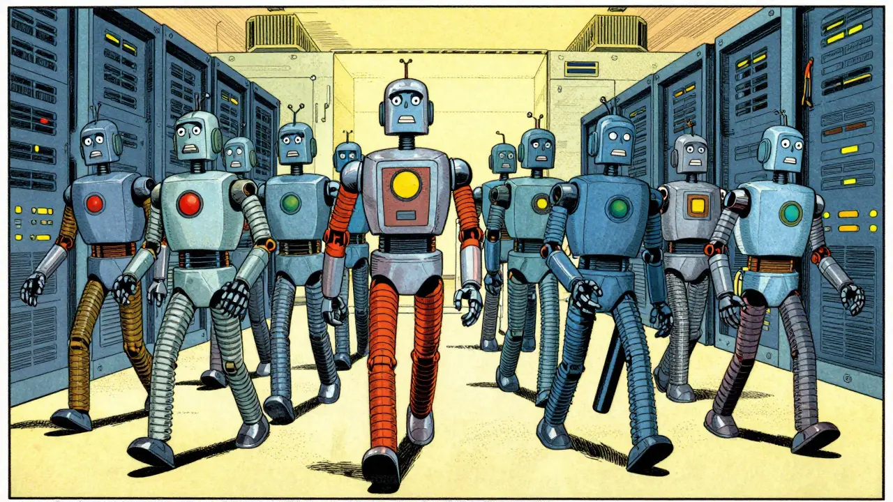 Robotic squad marching where one unit stops early to wait for others.