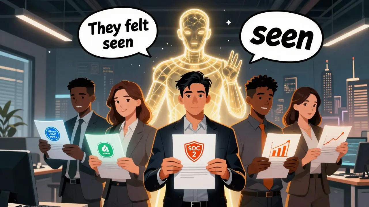 Sales team holds personalized documents with industry-specific icons, an AI spirit hovering above them, symbolizing human-centered tech.