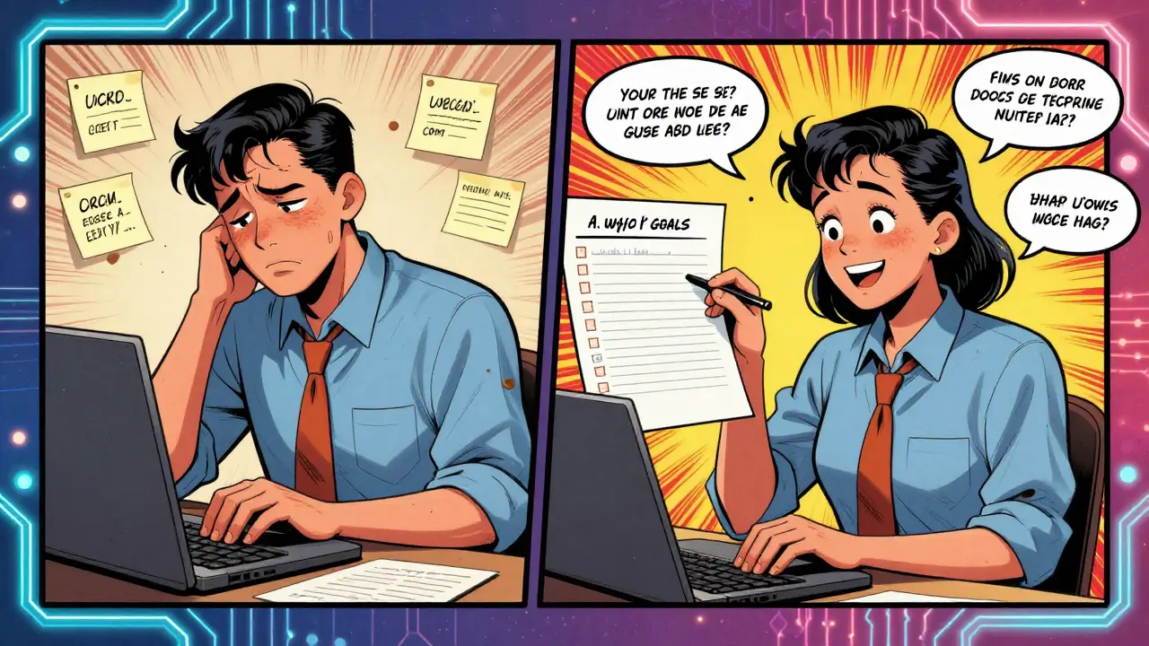 Split scene: tired rep manually logging CRM notes vs. AI auto-generating accurate, insightful notes with glowing context.