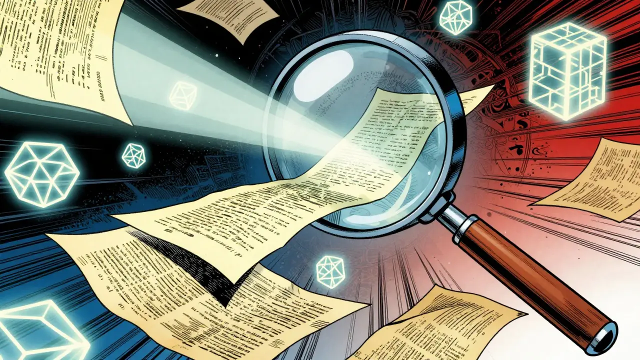 Stylized magnifying glass scanning floating document fragments in comic style