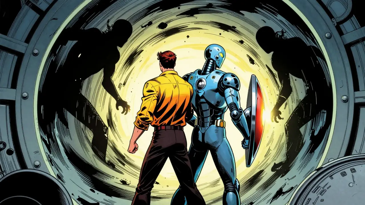 Superhero AI guardian protecting human employee from chaotic data shadows