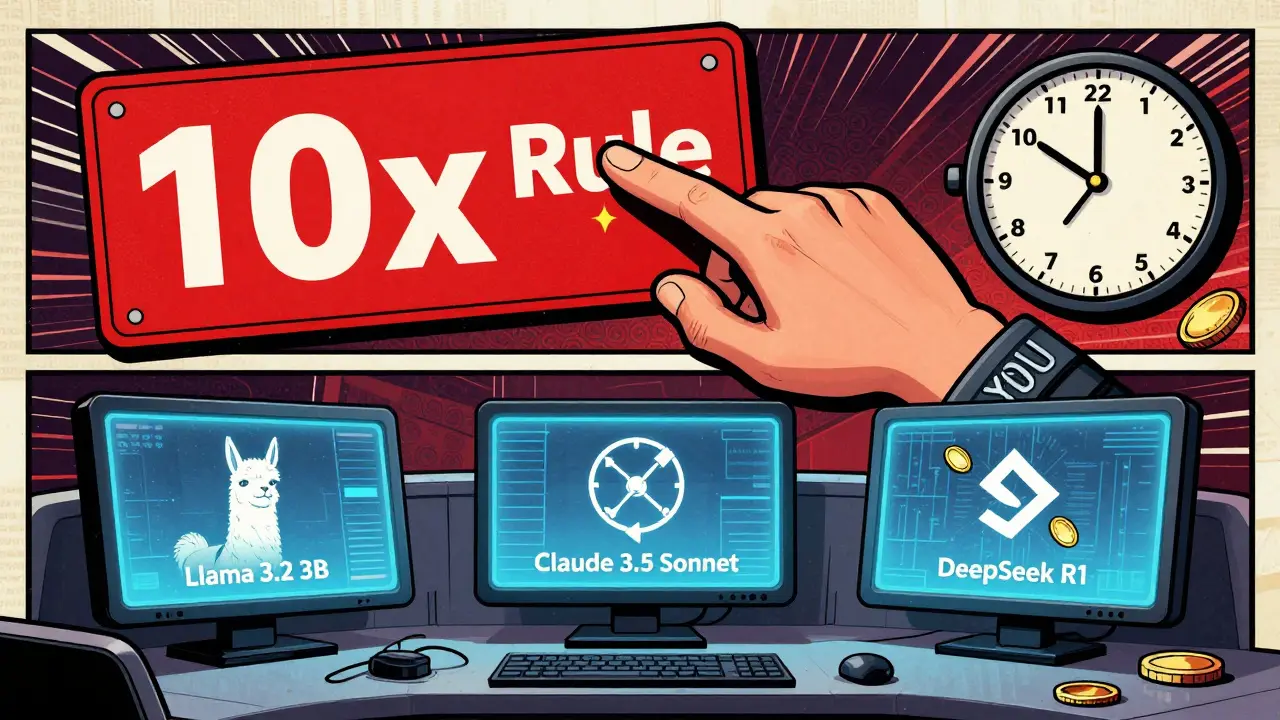 Three AI models on monitors with a '10x Rule' sign, in retro comic poster style.