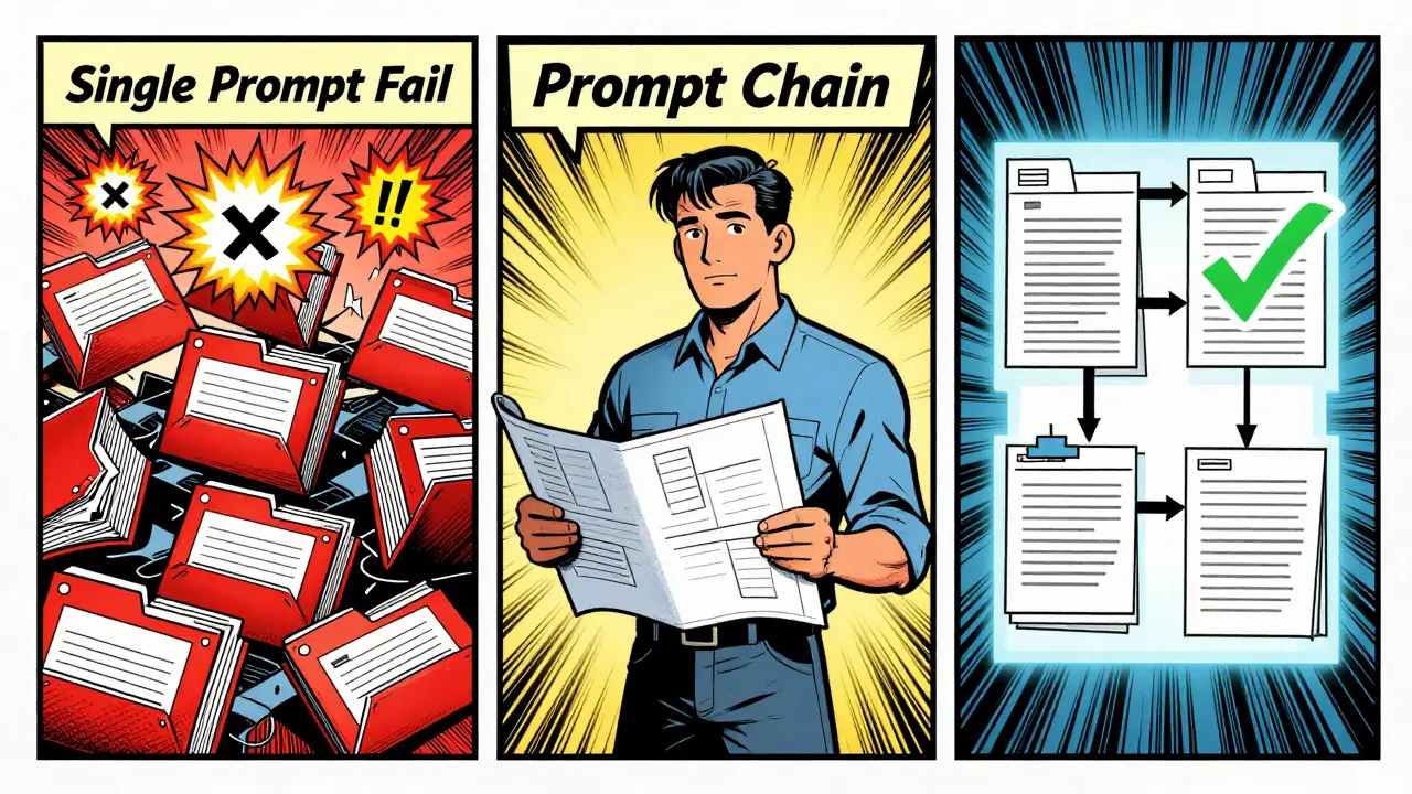 Three-panel battle scene contrasting chaotic single-prompt failure with orderly prompt chaining and clean Git diff success in classic comic style.